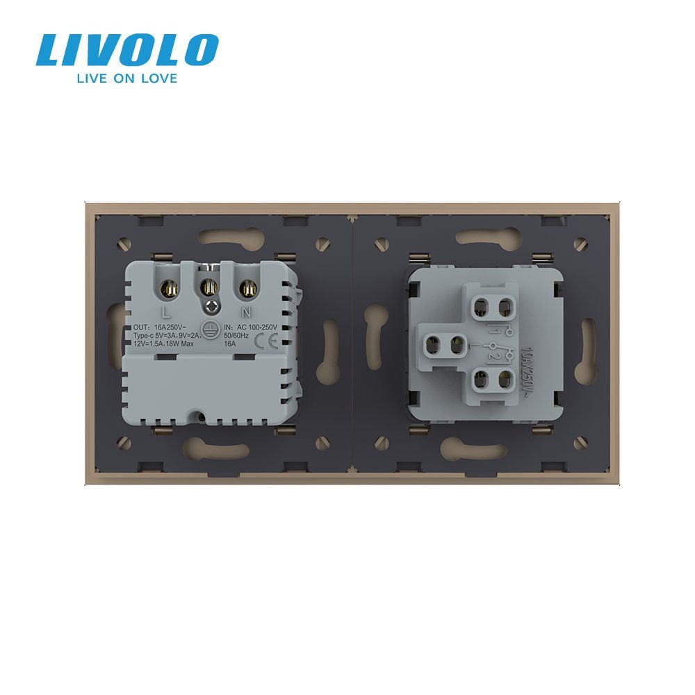 Універсальний вимикач (звичайний / прохідний) з USB Type-C 18 Вт, заземлення, LIVOLO золото скло 4