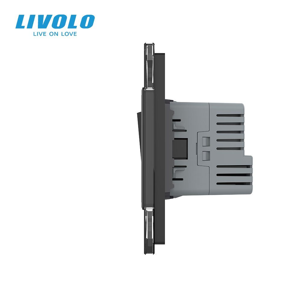 Універсальний подвійний вимикач (звичайний / прохідний) з USB Type-C 18 Вт, заземлення, LIVOLO чорний скло 2