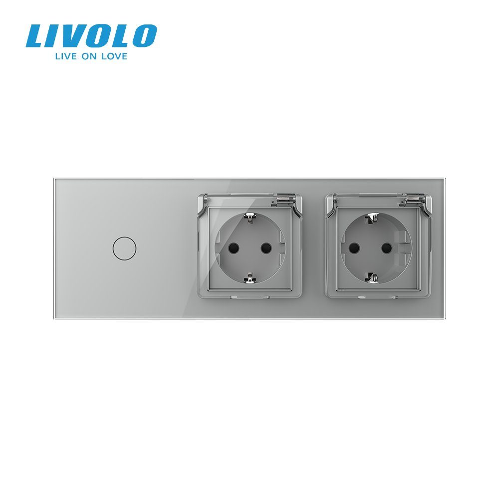 Прохідний сенсорний димер LIVOLO з двома розетками з кришкою IP44, сірий, скло, 16A 230V, заземлення, шторки 3