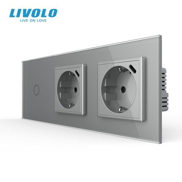 Сенсорний димер LIVOLO з двома розетками з USB Type-C 18Вт, сірий, скло, 16A 230V, із заземленням, шторки
