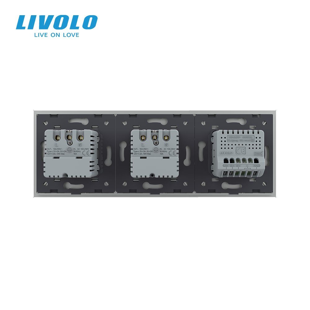 Сенсорний димер LIVOLO з двома розетками з USB Type-C 18Вт, сірий, скло, 16A 230V, із заземленням, шторки 4