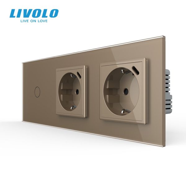 Сенсорний димер LIVOLO з двома розетками з USB Type-C 18Вт, золотий, скло, 16A 230V, із заземленням, шторки