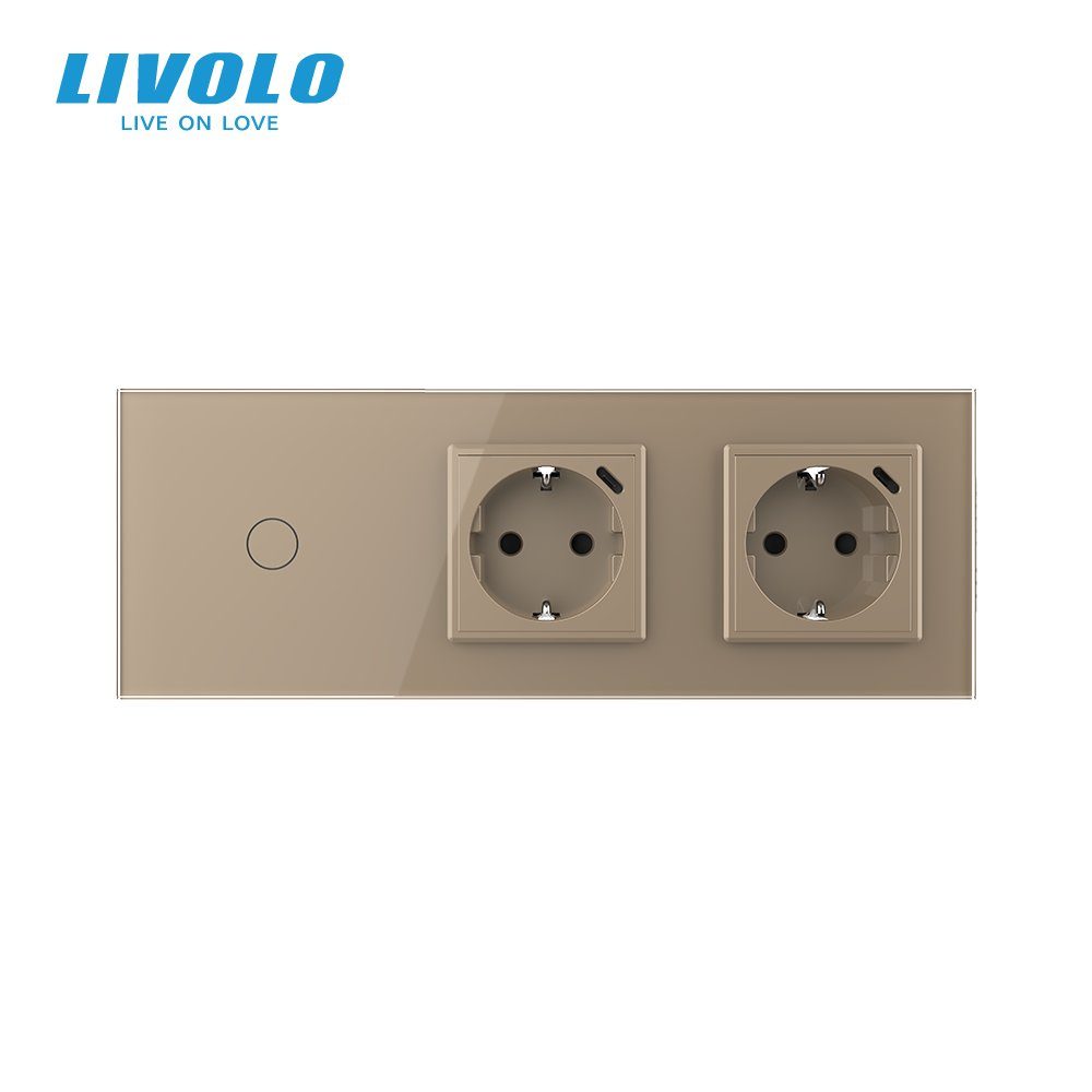 Сенсорний димер LIVOLO з двома розетками з USB Type-C 18Вт, золотий, скло, 16A 230V, із заземленням, шторки 3