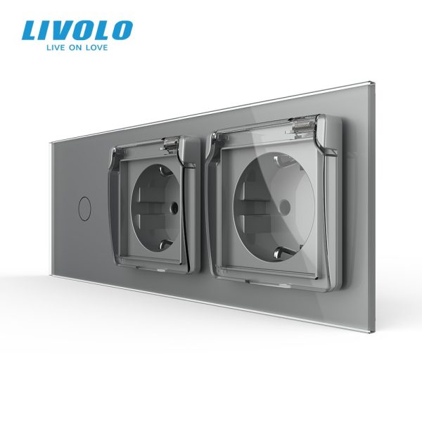 Сенсорний димер LIVOLO з двома розетками IP44, сірий, скло, 16A 230V, із заземленням, шторки
