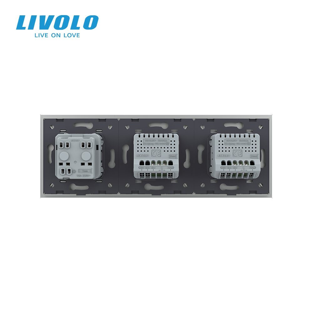 Сенсорний димер LIVOLO 2 сенсори (1-1) з розеткою, сірий, скло, 16A 230V, із заземленням, захисні шторки 4