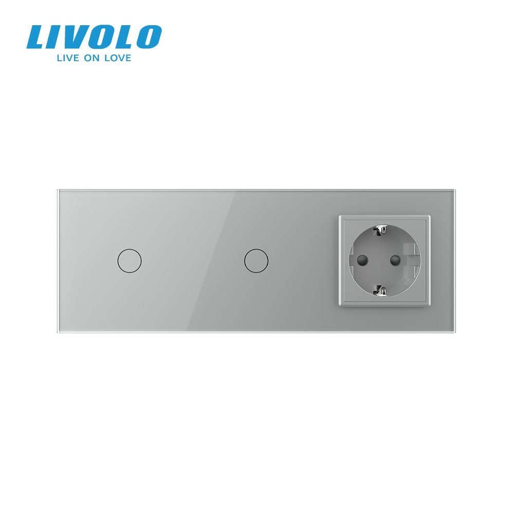 Сенсорний димер LIVOLO 2 сенсори (1-1) з розеткою, сірий, скло, 16A 230V, із заземленням, захисні шторки 3