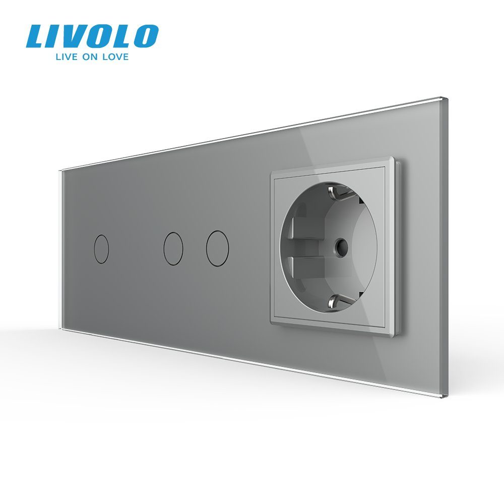 Сенсорний димер LIVOLO 3 сенсори (1-2) з розеткою, сірий, скло, 16A 230V, із заземленням, захисні шторки