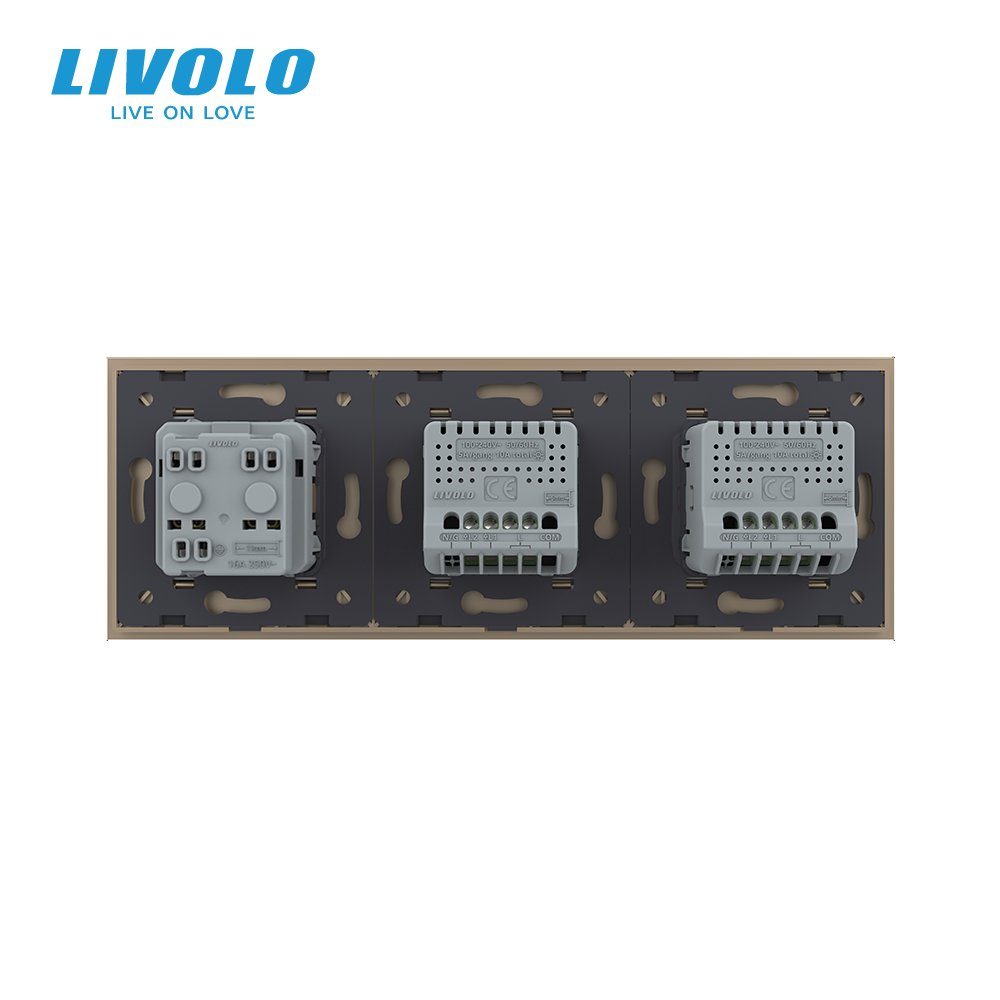 Сенсорний димер LIVOLO 4 сенсори (2-2) з розеткою, золотий, скло, 16A 230V, із заземленням, захисні шторки 4
