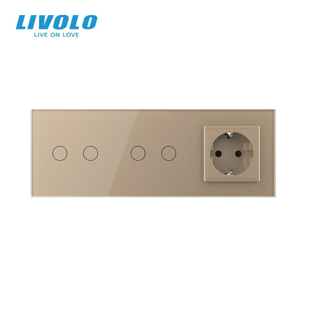 Сенсорний димер LIVOLO 4 сенсори (2-2) з розеткою, золотий, скло, 16A 230V, із заземленням, захисні шторки 3