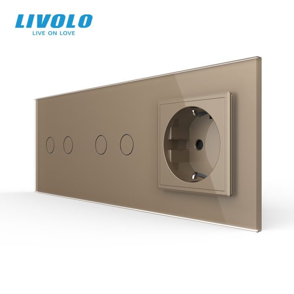 Сенсорний димер LIVOLO 4 сенсори (2-2) з розеткою, золотий, скло, 16A 230V, із заземленням, захисні шторки