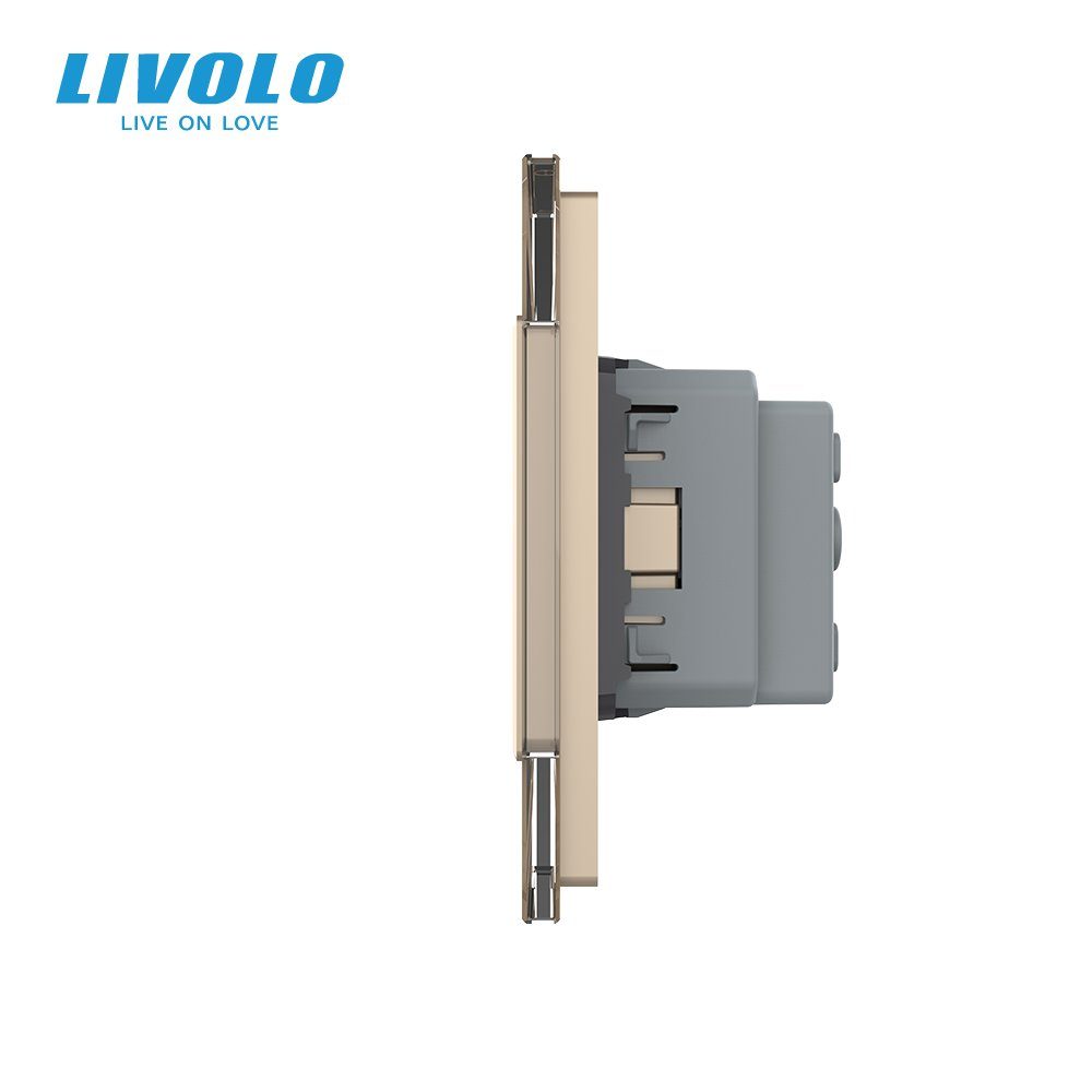 Сенсорний димер LIVOLO 4 сенсори (2-2) з розеткою, золотий, скло, 16A 230V, із заземленням, захисні шторки 2