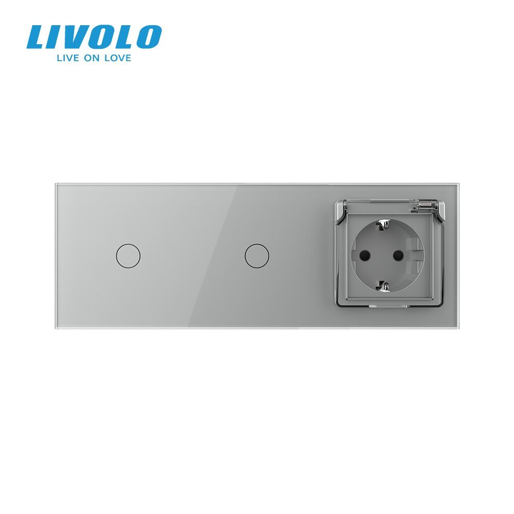 Сенсорний димер LIVOLO 2 сенсори (1-1) з розеткою IP44, кришка, 16A 230V, заземлення, сірий скло 3