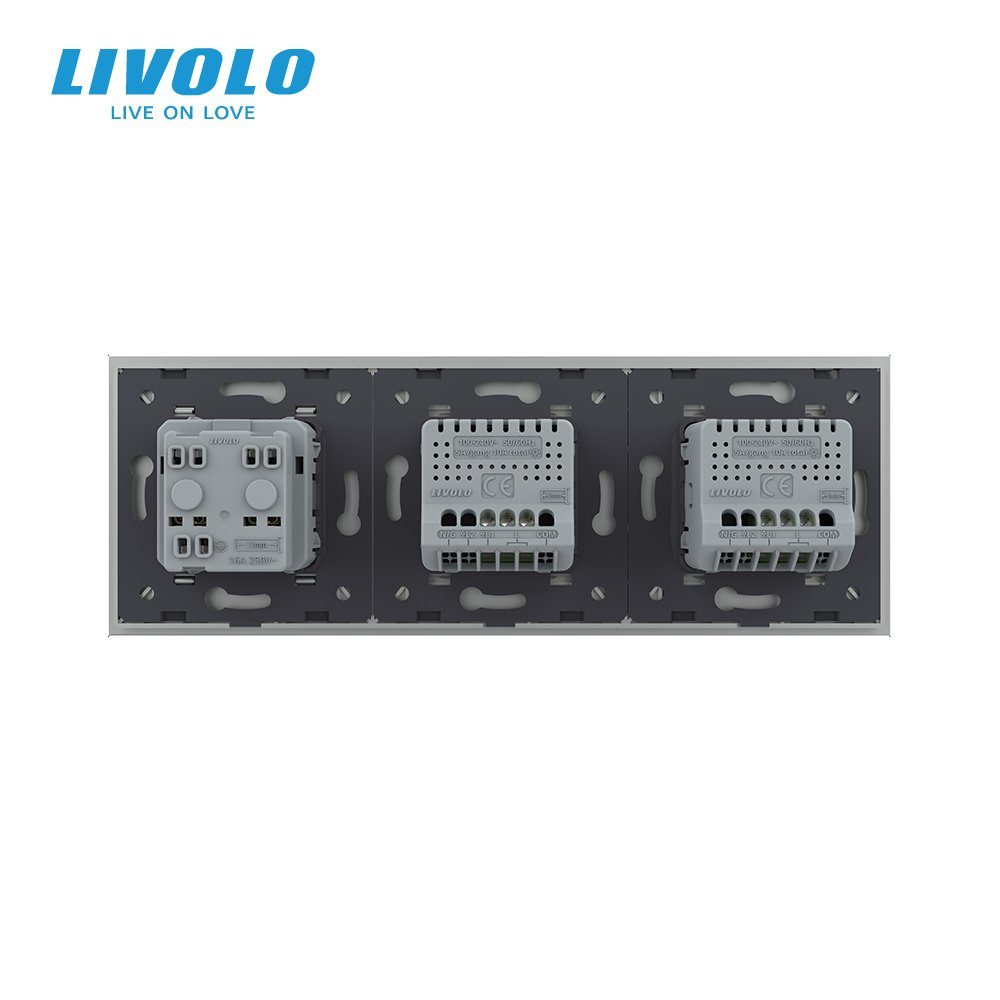 Сенсорний димер LIVOLO 2 сенсори (1-1) з розеткою IP44, кришка, 16A 230V, заземлення, сірий скло 4