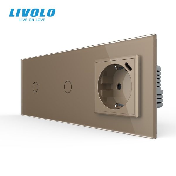 Сенсорний димер LIVOLO 2 сенсори (1-1) з розеткою з USB Type-C 18Вт, 16A 230V, заземлення, золото скло