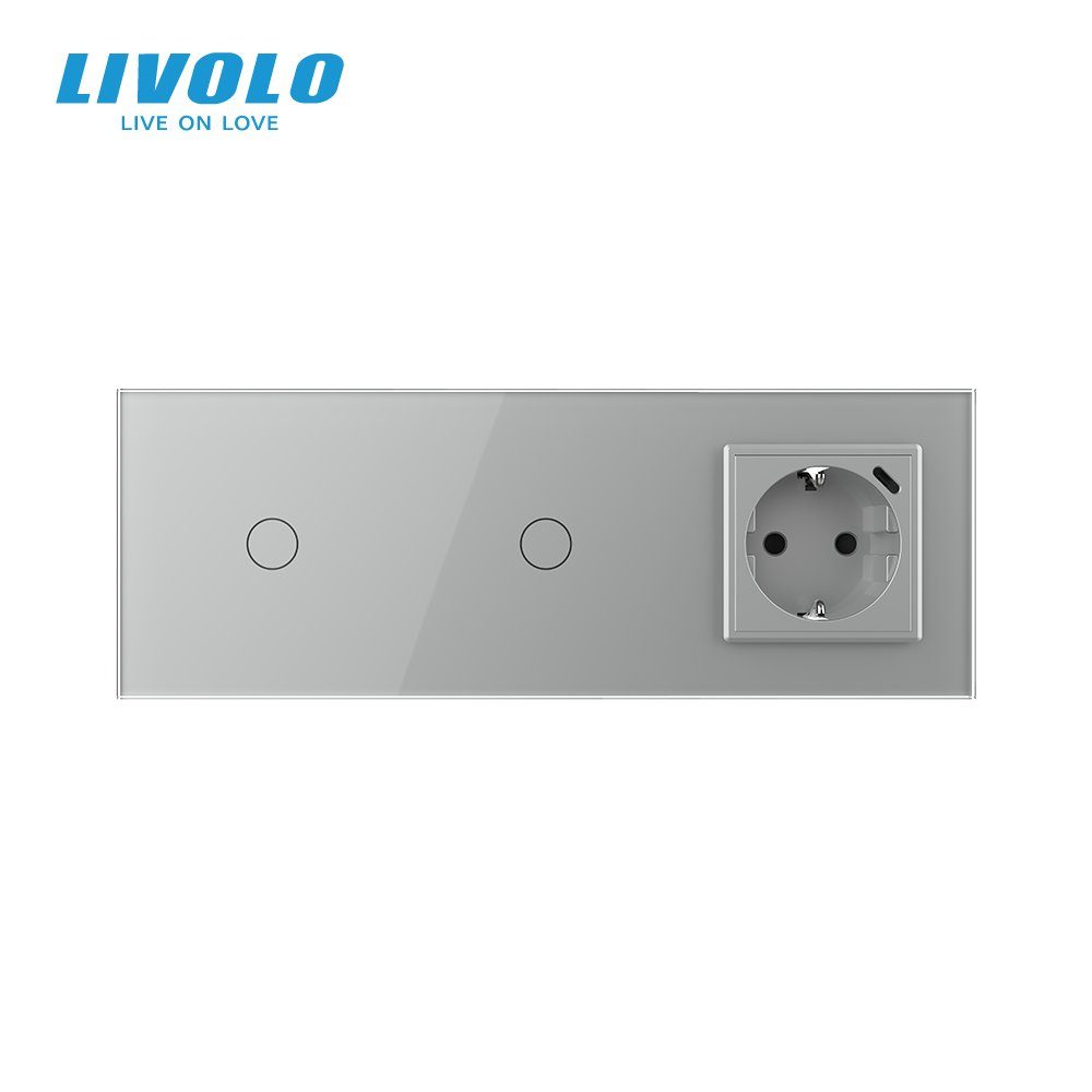 Сенсорний димер LIVOLO 2 сенсори (1-1) з розеткою з USB Type-C 18Вт, 16A 230V, заземлення, сірий скло 3
