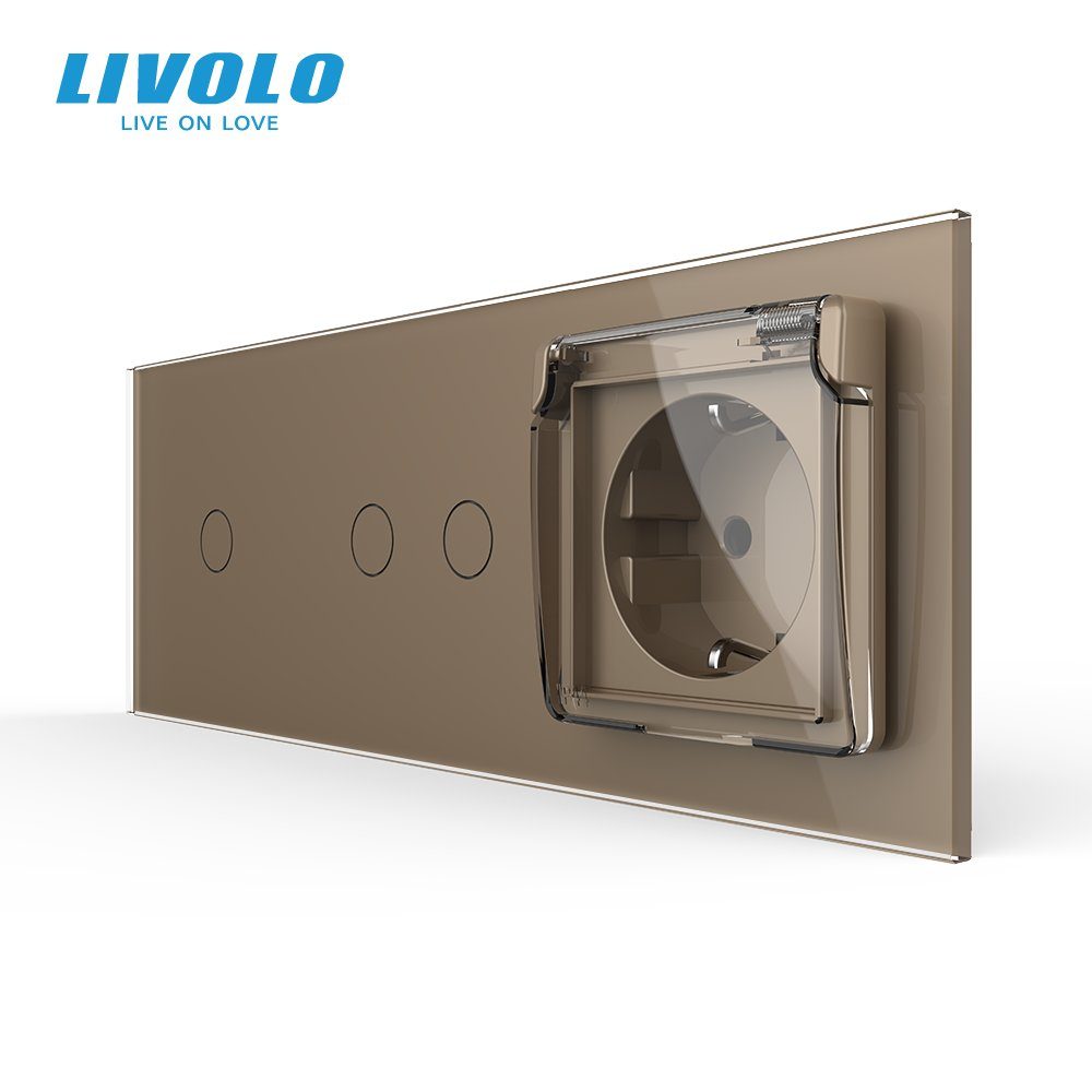 Сенсорний димер LIVOLO 3 сенсори (1-2) з розеткою IP44, кришка, 16A 230V, заземлення, золото скло