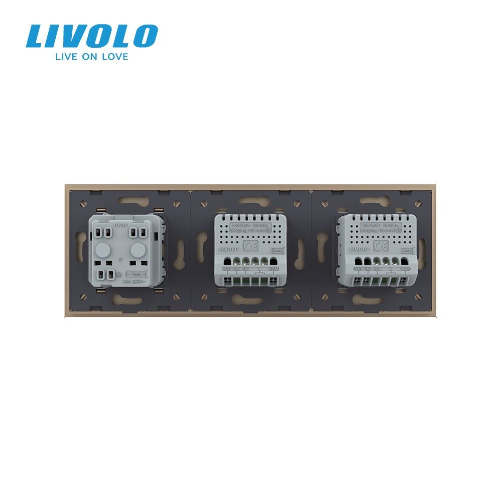 Сенсорний димер LIVOLO 3 сенсори (1-2) з розеткою IP44, кришка, 16A 230V, заземлення, золото скло 4