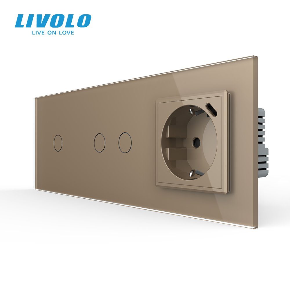 Сенсорний димер LIVOLO 3 сенсори (1-2) з розеткою з USB Type-C 18Вт, 16A 230V, заземлення, золото скло