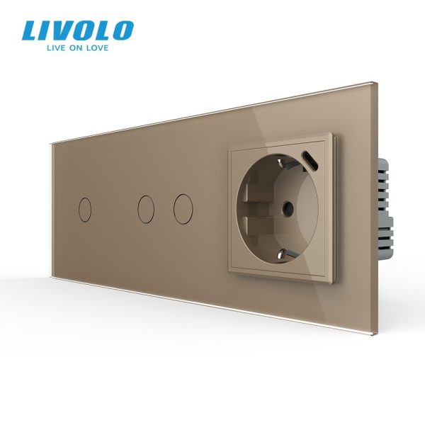Сенсорний димер LIVOLO 3 сенсори (1-2) з розеткою з USB Type-C 18Вт, 16A 230V, заземлення, золото скло