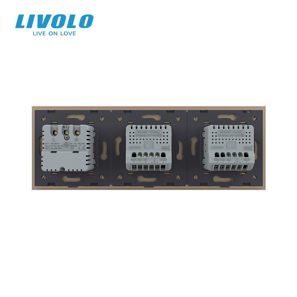 Сенсорний димер LIVOLO 3 сенсори (1-2) з розеткою з USB Type-C 18Вт, 16A 230V, заземлення, золото скло 4