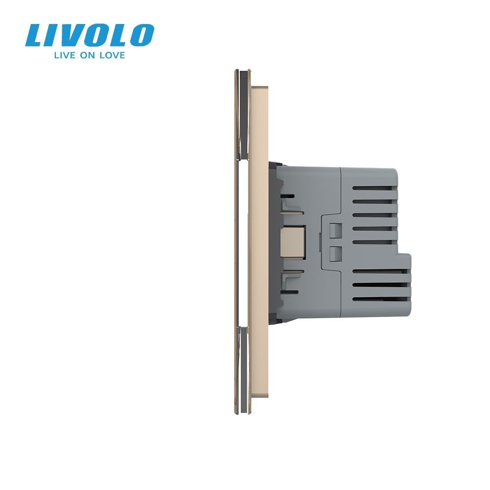 Сенсорний димер LIVOLO 3 сенсори (1-2) з розеткою з USB Type-C 18Вт, 16A 230V, заземлення, золото скло 2