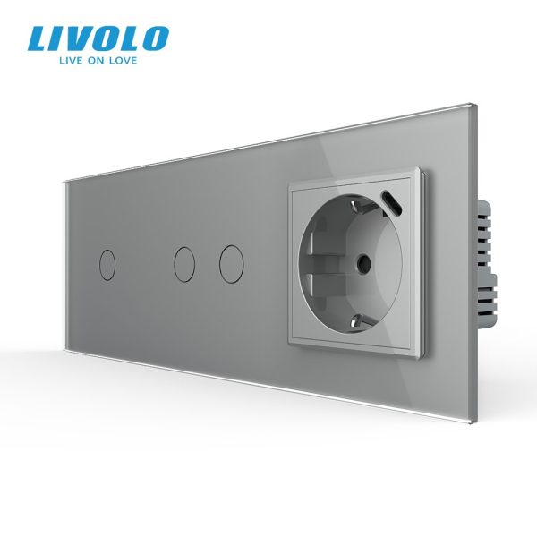 Сенсорний димер LIVOLO 3 сенсори (1-2) з розеткою з USB Type-C 18Вт, 16A 230V, заземлення, сірий скло