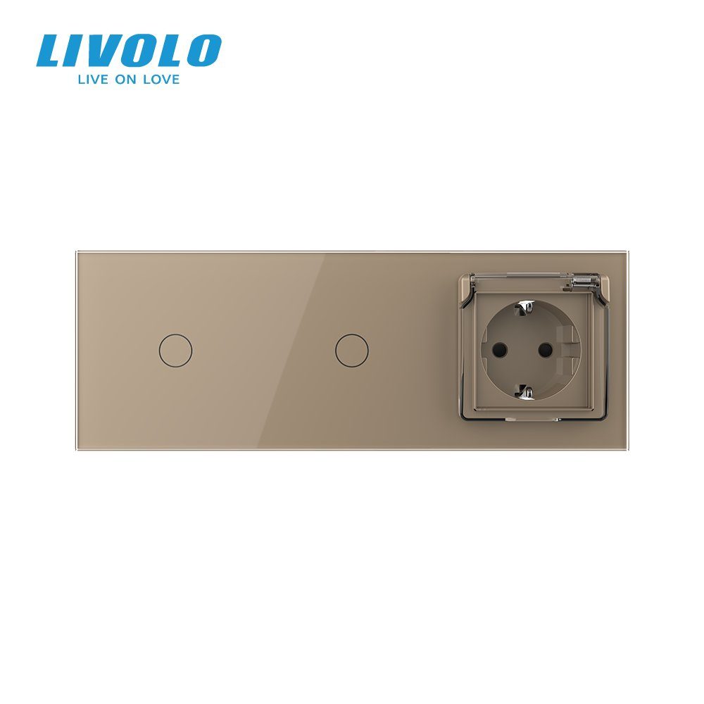Прохідний сенсорний димер LIVOLO 2 сенсори (1-1) з розеткою IP44, кришка, 16A 230V, заземлення, золото скло 3