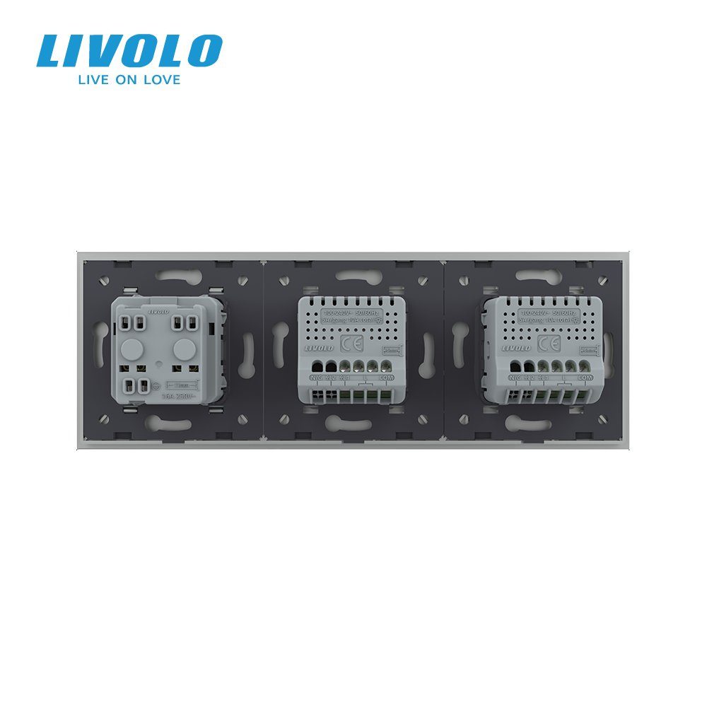 Прохідний сенсорний димер LIVOLO 2 сенсори (1-1) з розеткою IP44, кришка, 16A 230V, заземлення, сірий скло 4