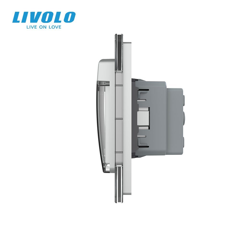 Прохідний сенсорний димер LIVOLO 2 сенсори (1-1) з розеткою IP44, кришка, 16A 230V, заземлення, сірий скло 2
