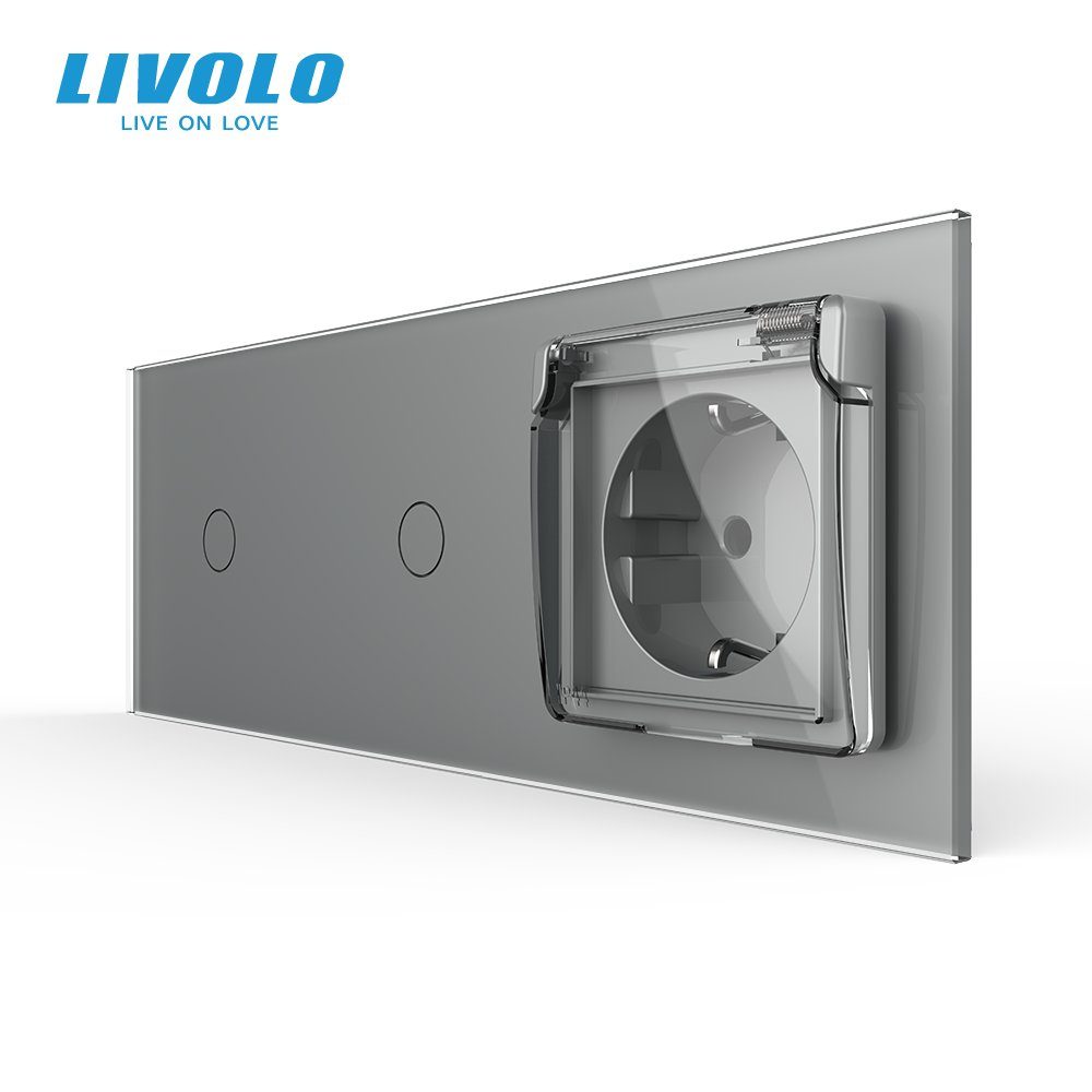 Прохідний сенсорний димер LIVOLO 2 сенсори (1-1) з розеткою IP44, кришка, 16A 230V, заземлення, сірий скло