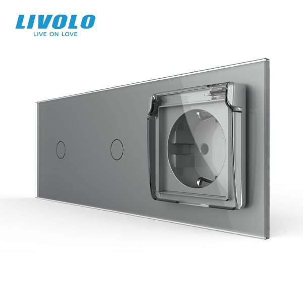 Прохідний сенсорний димер LIVOLO 2 сенсори (1-1) з розеткою IP44, кришка, 16A 230V, заземлення, сірий скло