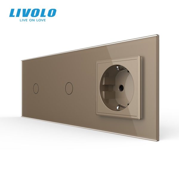 Сенсорний прохідний димер LIVOLO 2 сенсори (1-1) з розеткою, золото скло, 16A 230V, заземлення, захисні шторки
