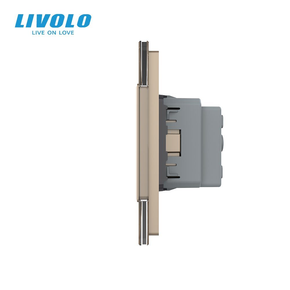 Сенсорний прохідний димер LIVOLO 2 сенсори (1-1) з розеткою, золото скло, 16A 230V, заземлення, захисні шторки 2