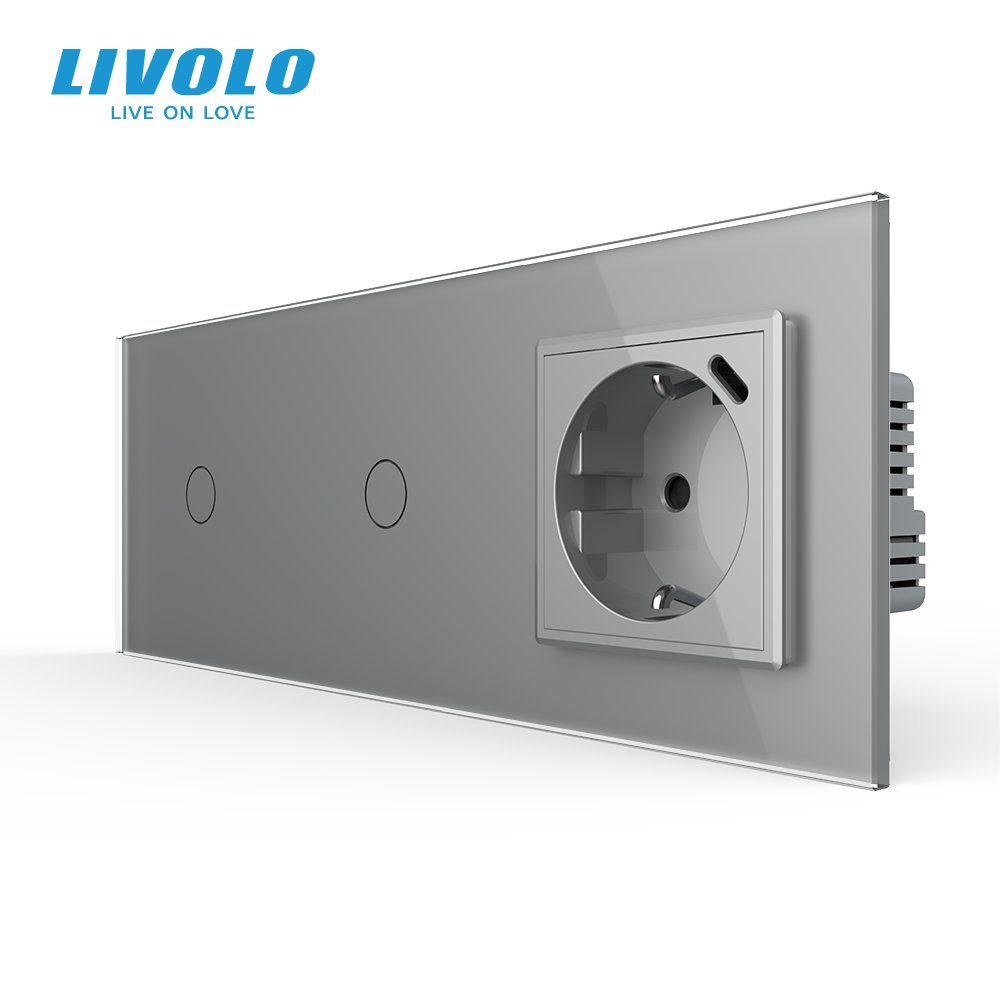 Прохідний сенсорний димер LIVOLO 2 сенсори (1-1) з розеткою з USB Type-C 18Вт, сірий скло, заземлення