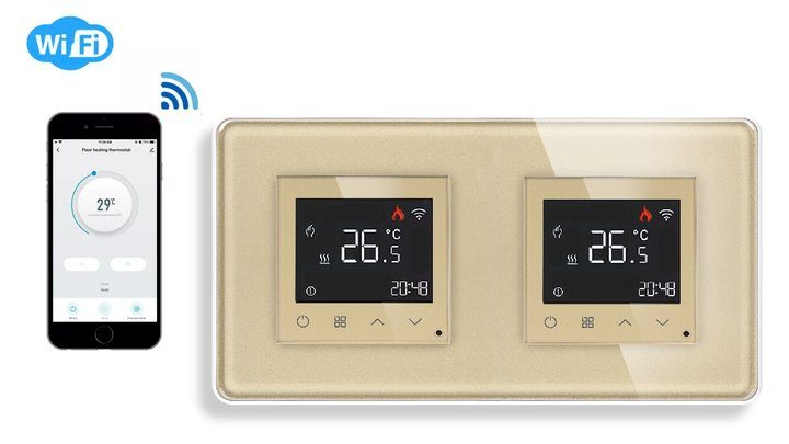 Двозонний WiFi-терморегулятор для теплої підлоги ELIOS сенсорний, золотий, скляна рамка 2