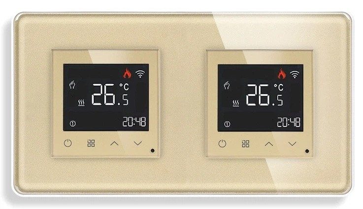 Двозонний WiFi-терморегулятор для теплої підлоги ELIOS сенсорний, золотий, скляна рамка
