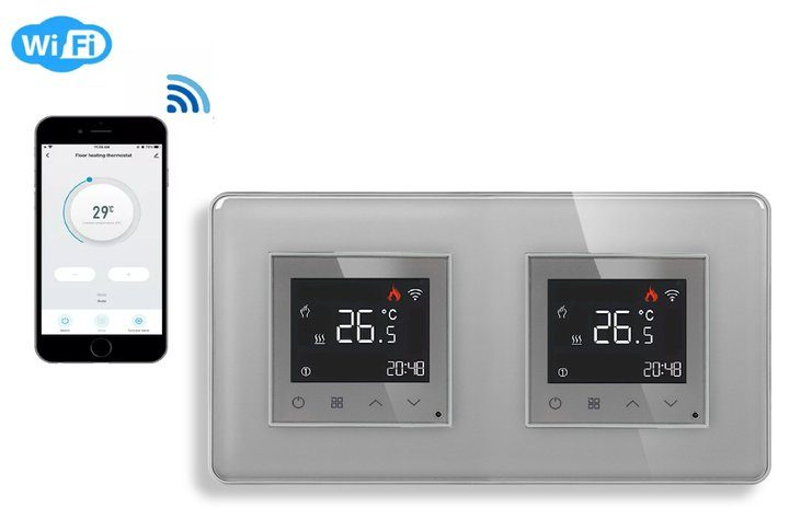 Двозонний WiFi-терморегулятор для теплої підлоги ELIOS сенсорний, сірий, скляна рамка 2