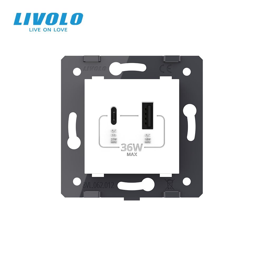 Розетка USB-A та USB-C LIVOLO з Power Delivery 36Вт, настінна, дизайнерська 3