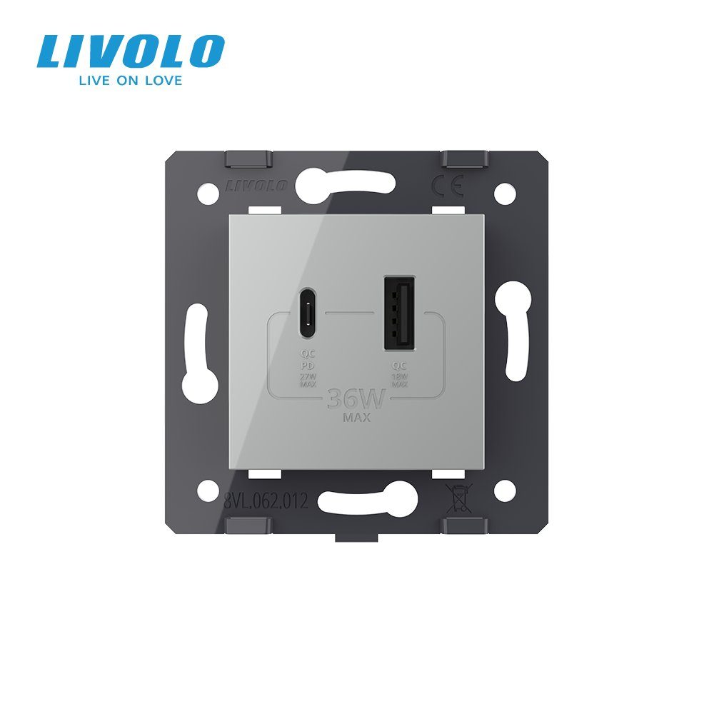 Розетка USB-A та USB-C LIVOLO з Power Delivery 36Вт, настінна, дизайнерська 3