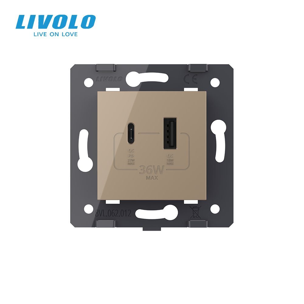 Розетка USB-A та USB-C LIVOLO з Power Delivery 36Вт, настінна, дизайнерська 3