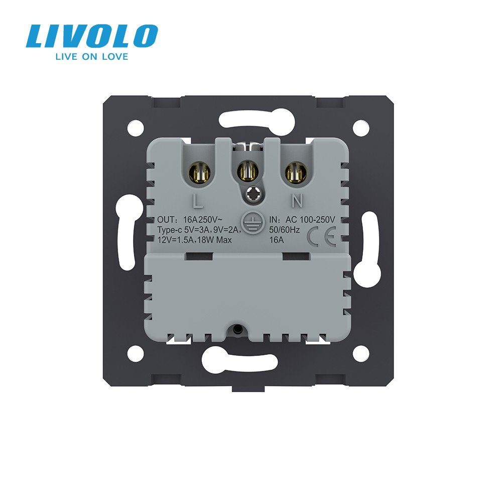 Електрична розетка з USB Type-C 18 Вт для зарядки, LIVOLO сіра, з заземленням, 250 В 16 А 4
