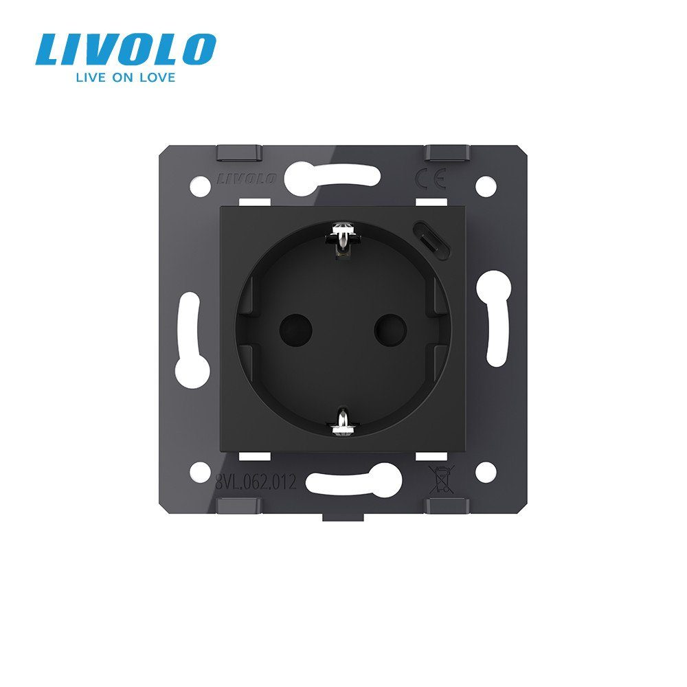 Електрична розетка з USB Type-C 18 Вт для зарядки, LIVOLO чорна, з заземленням, 250 В 16 А 3