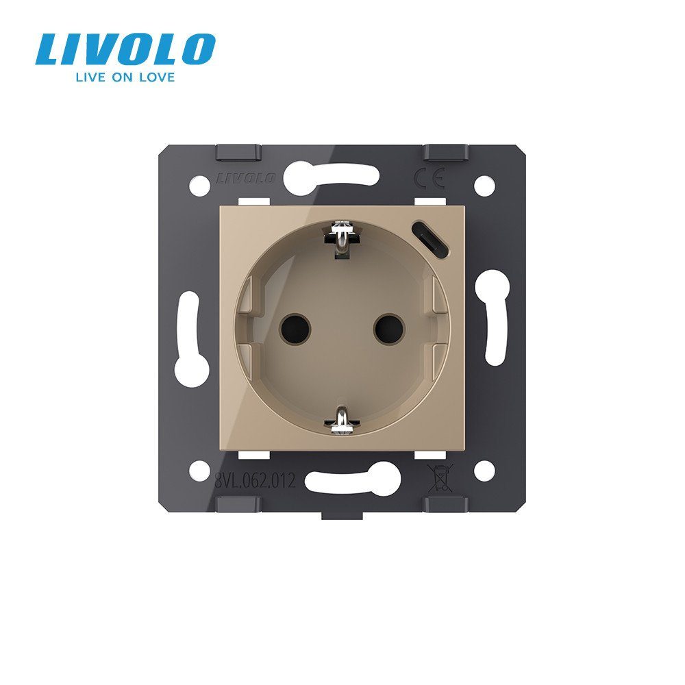 Електрична розетка з USB Type-C 18 Вт для зарядки, LIVOLO золота, з заземленням, 250 В 16 А 3