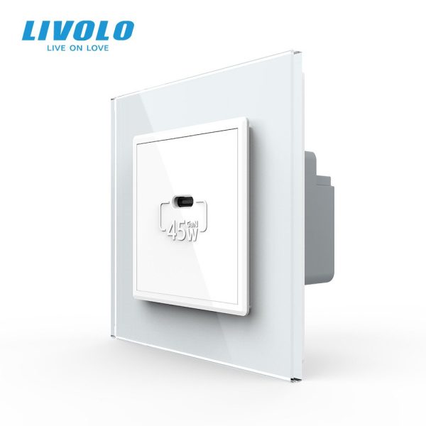 Розетка USB Type-C LIVOLO з Power Delivery 45Вт, біла, настінна, дизайнерська, скляна рамка
