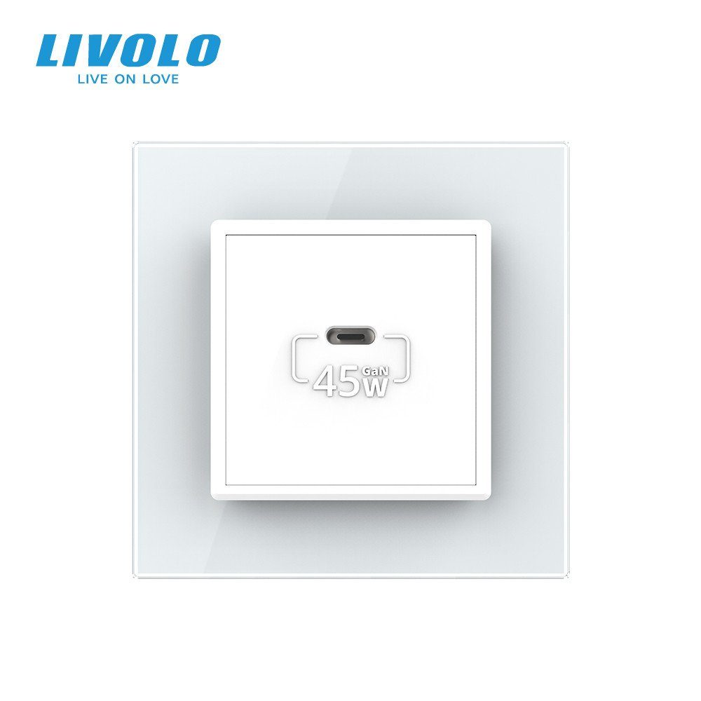 Розетка USB Type-C LIVOLO з Power Delivery 45Вт, біла, настінна, дизайнерська, скляна рамка 3
