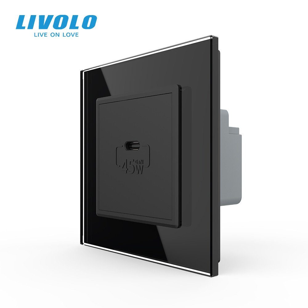 Розетка USB Type-C LIVOLO з Power Delivery 45Вт, чорна, настінна, дизайнерська, скляна рамка