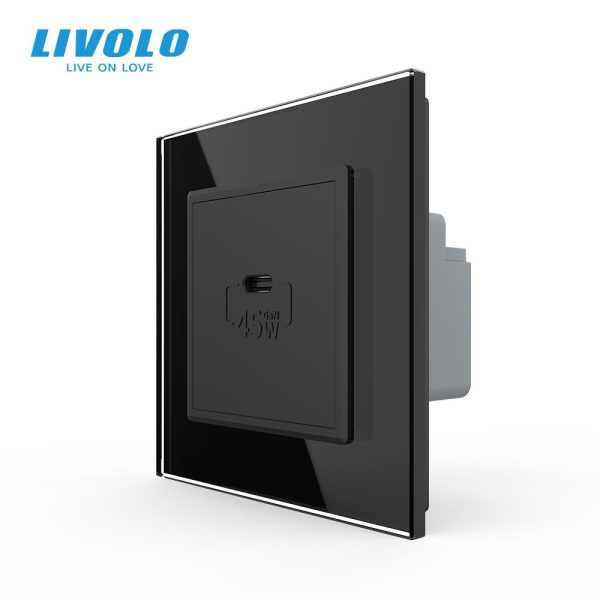 Розетка USB Type-C LIVOLO з Power Delivery 45Вт, чорна, настінна, дизайнерська, скляна рамка