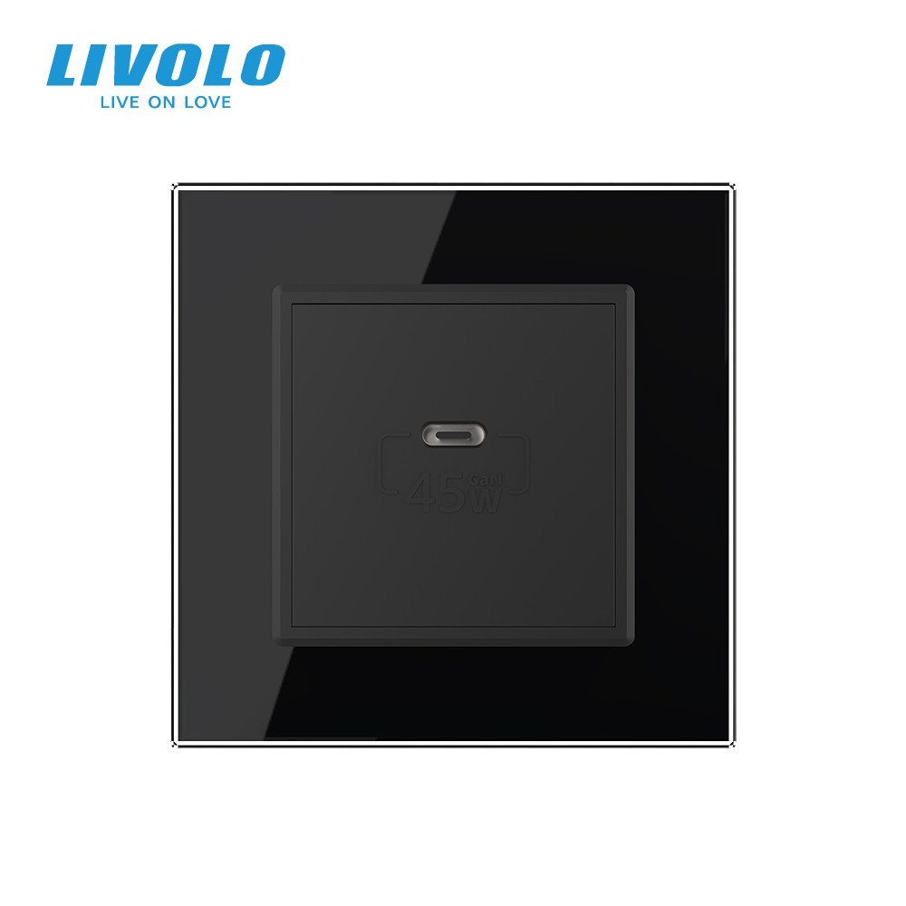 Розетка USB Type-C LIVOLO з Power Delivery 45Вт, чорна, настінна, дизайнерська, скляна рамка 3