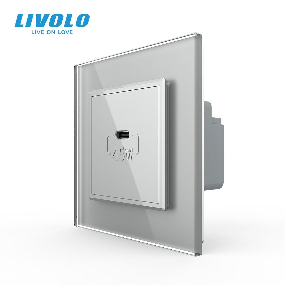 Розетка USB Type-C LIVOLO з Power Delivery 45Вт, сіра, настінна, дизайнерська, скляна рамка