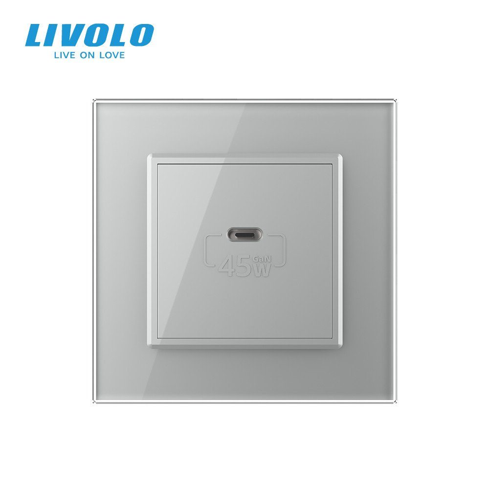 Розетка USB Type-C LIVOLO з Power Delivery 45Вт, сіра, настінна, дизайнерська, скляна рамка 3